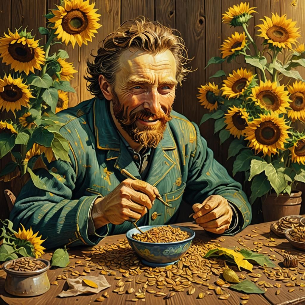 Van Gogh Eating Sunflower Seeds: Detailed Matte Painting