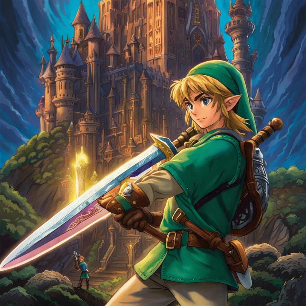 Link and Master Sword: Ghibli-Style Fantasy Portrait
