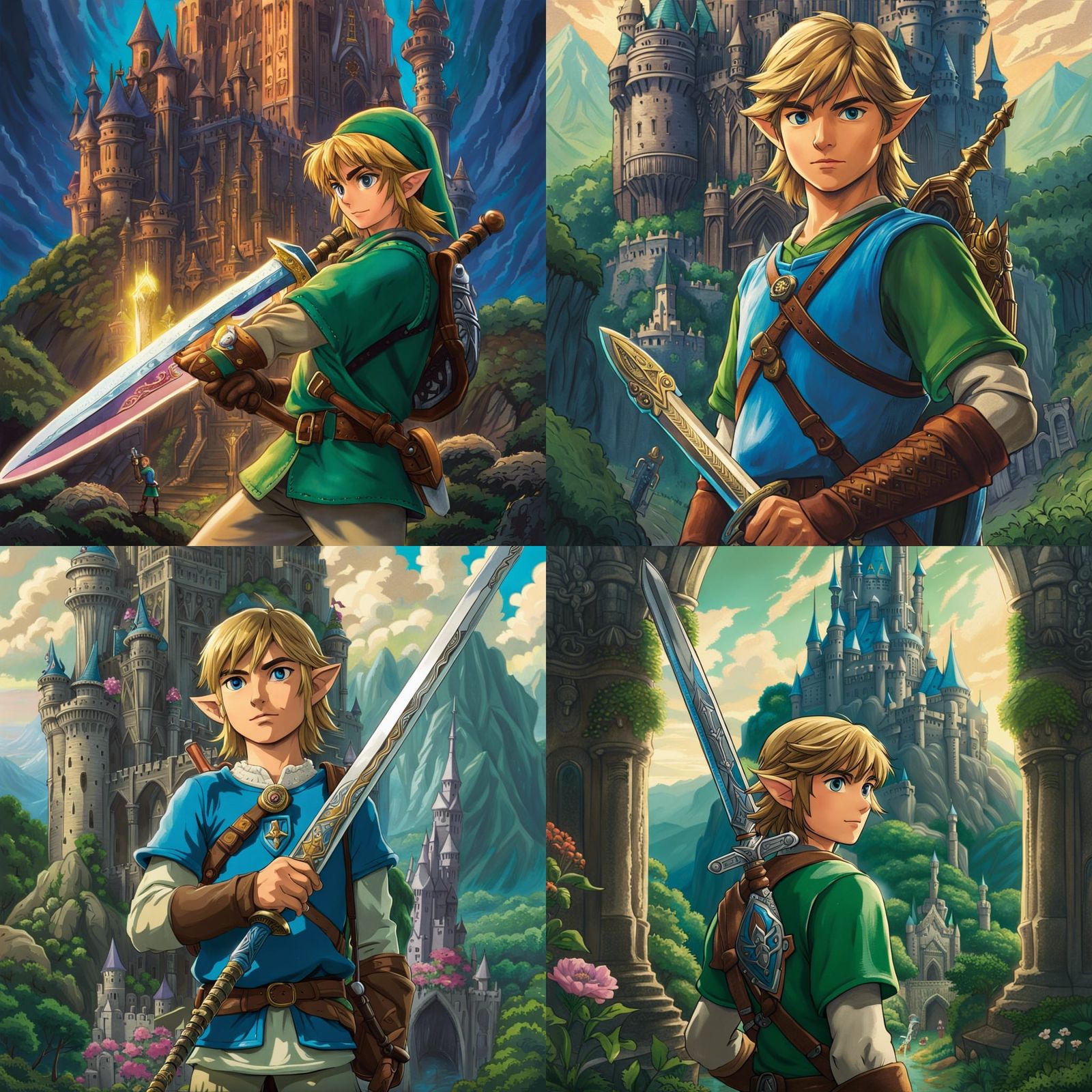 Link Holding Master Sword in Ghibli Fantasy Landscape