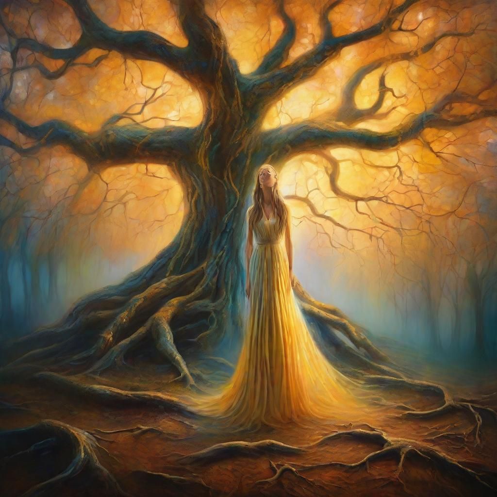 Ethereal Woman in Dreamlike Surrealist Oil Painting