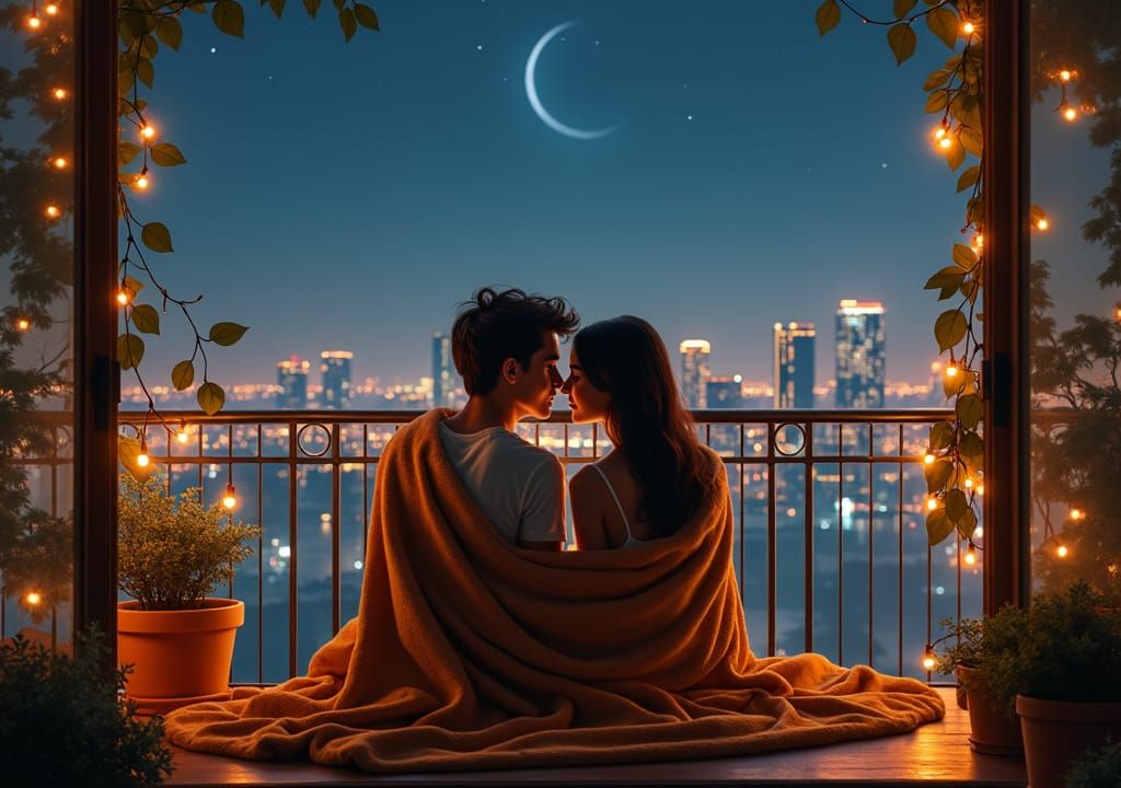 Romantic Couple Balcony View Under String Lights