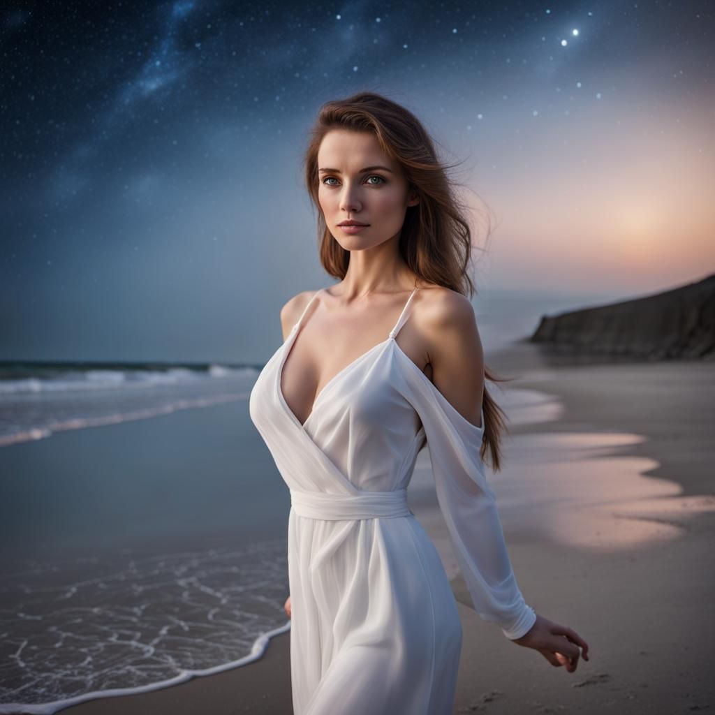 Beautiful Woman Stargazing on a Beach