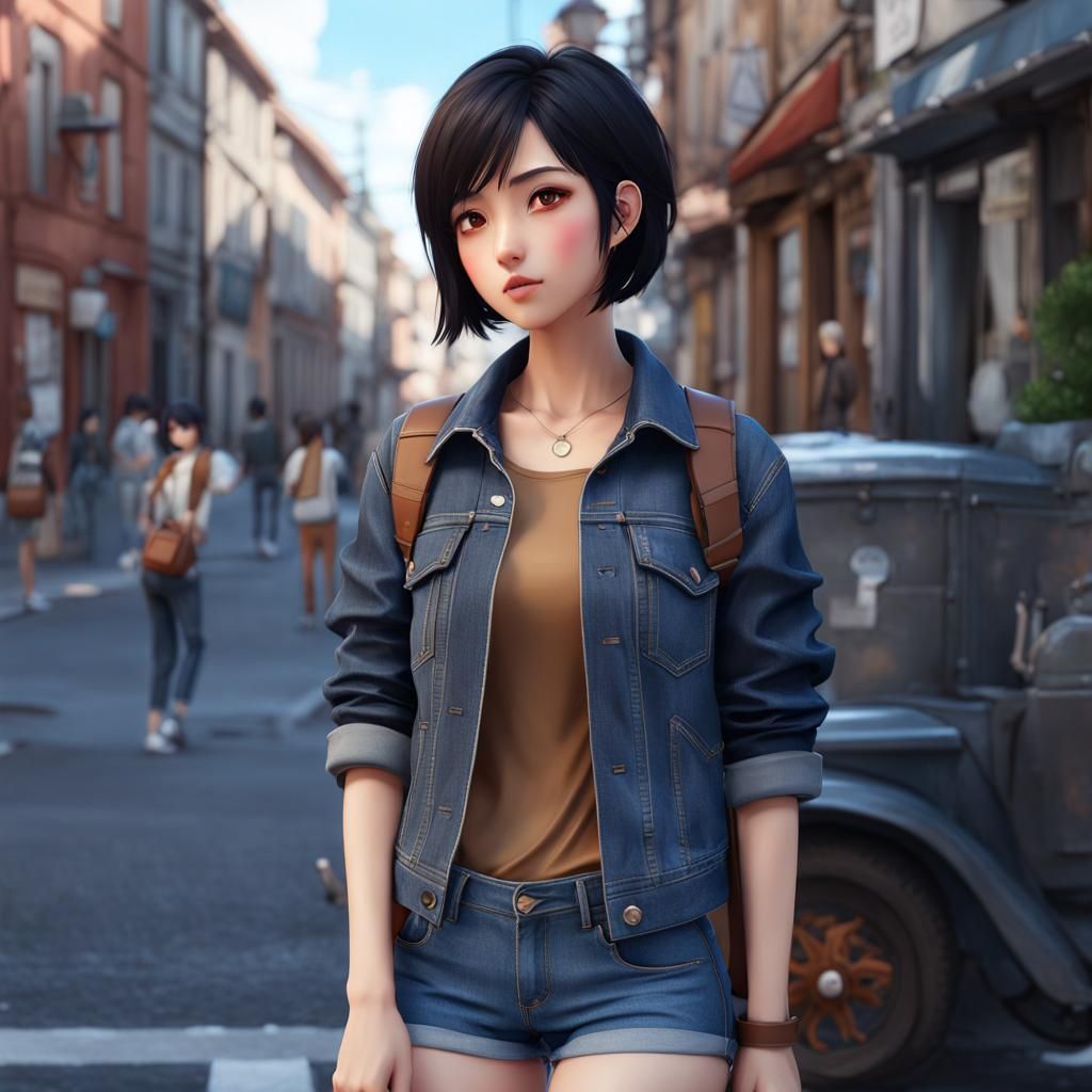 Anime Style Woman in Jeans Jacket on Street