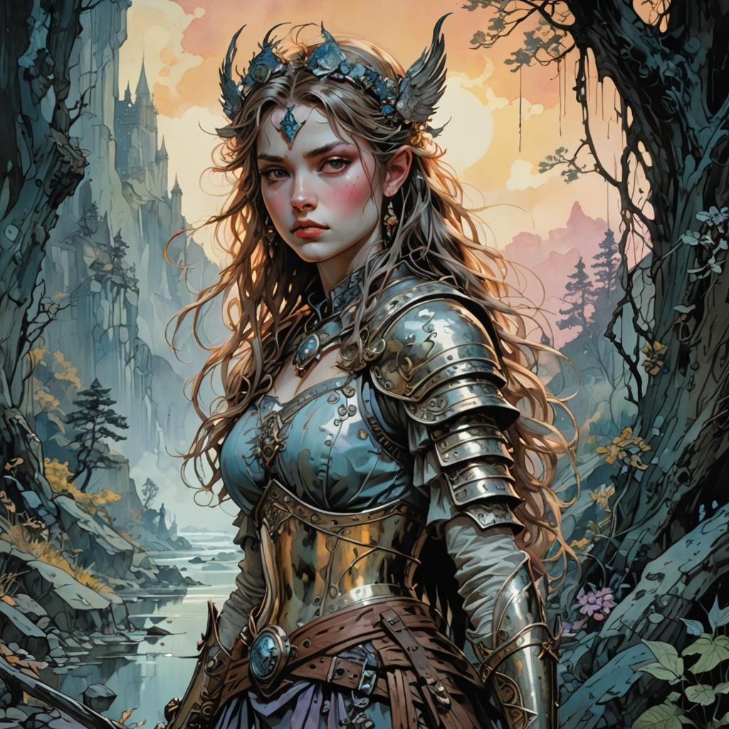 Pastel Warrior Princess in Epic Landscape