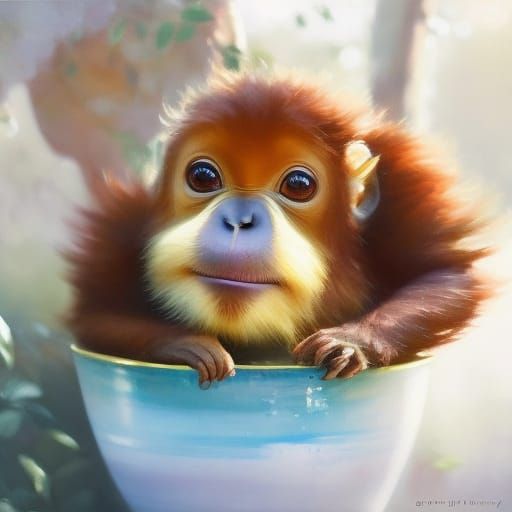 Orangutan in Teacup: Studio Ghibli Digital Illustration