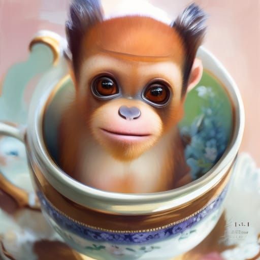 Orangutan in Teacup: Studio Ghibli-Inspired Digital Art