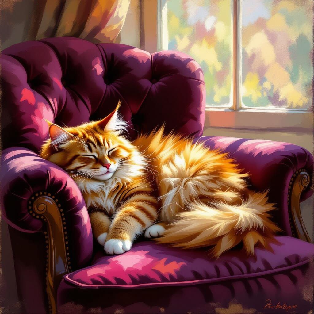 Fluffy Ginger Cat Sleeping Peacefully in Dappled Light