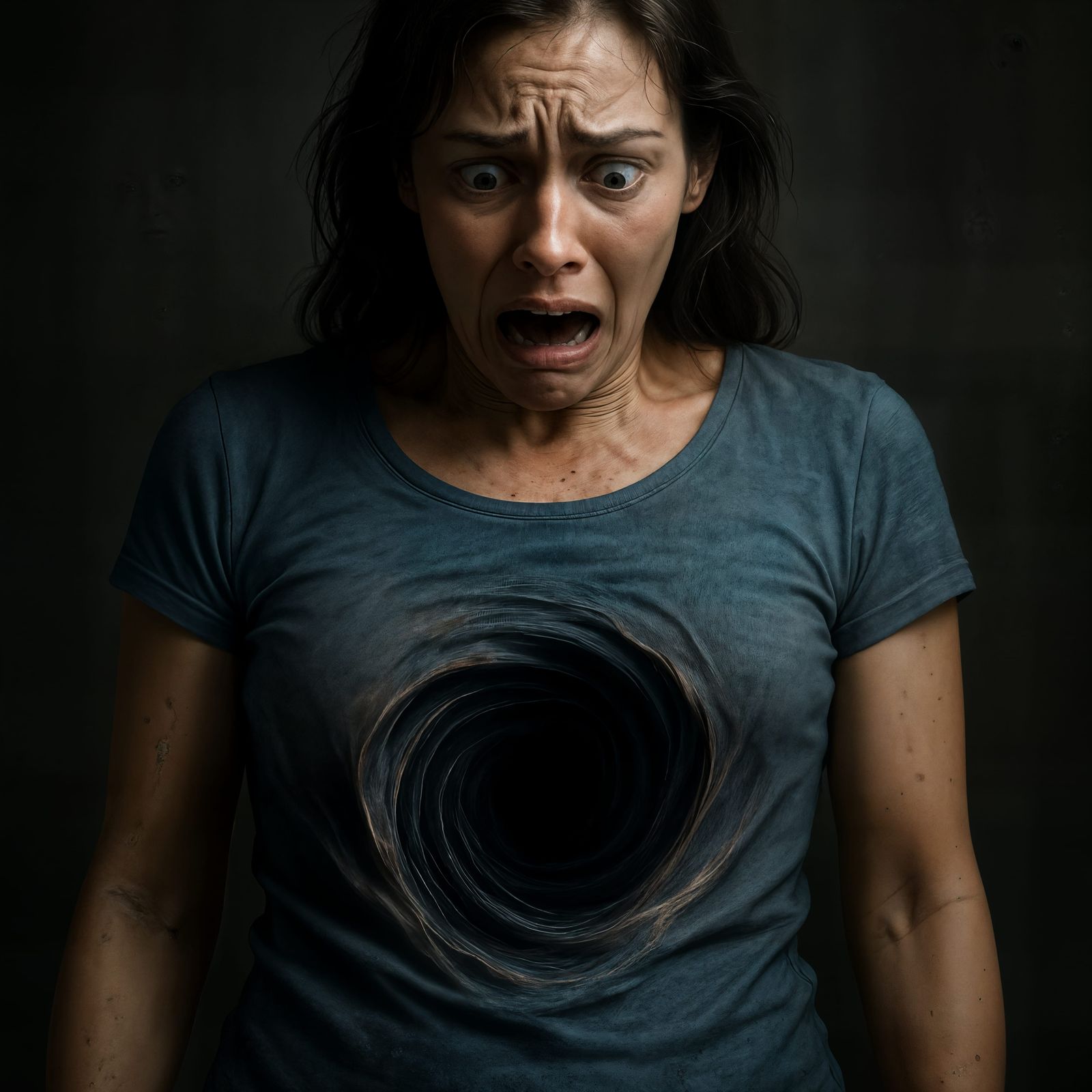 Terrified Woman and Swirling Black Void: CGI Art