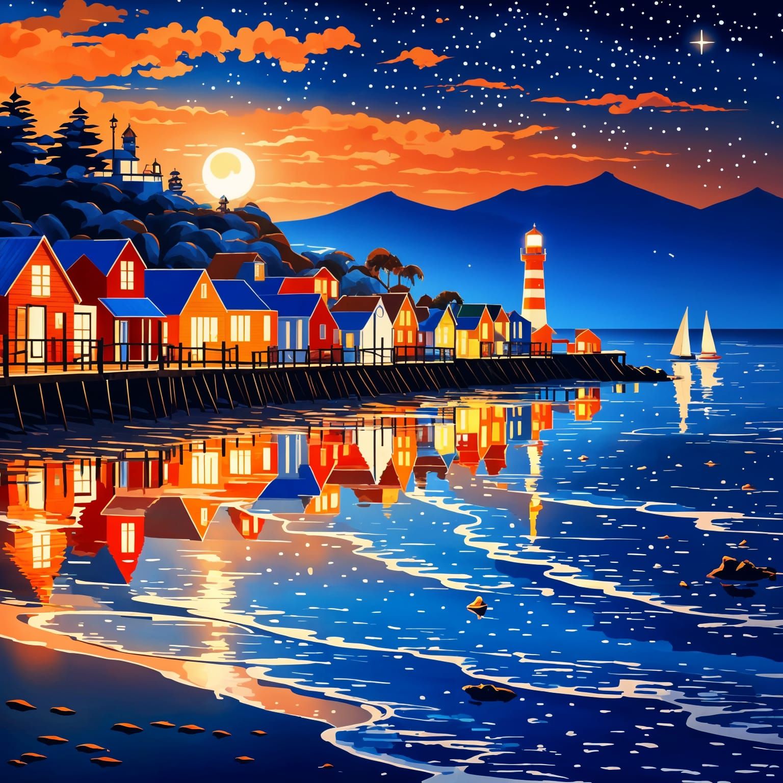 Neon Sunset Canvas Painting with Lighthouse and Sailboats