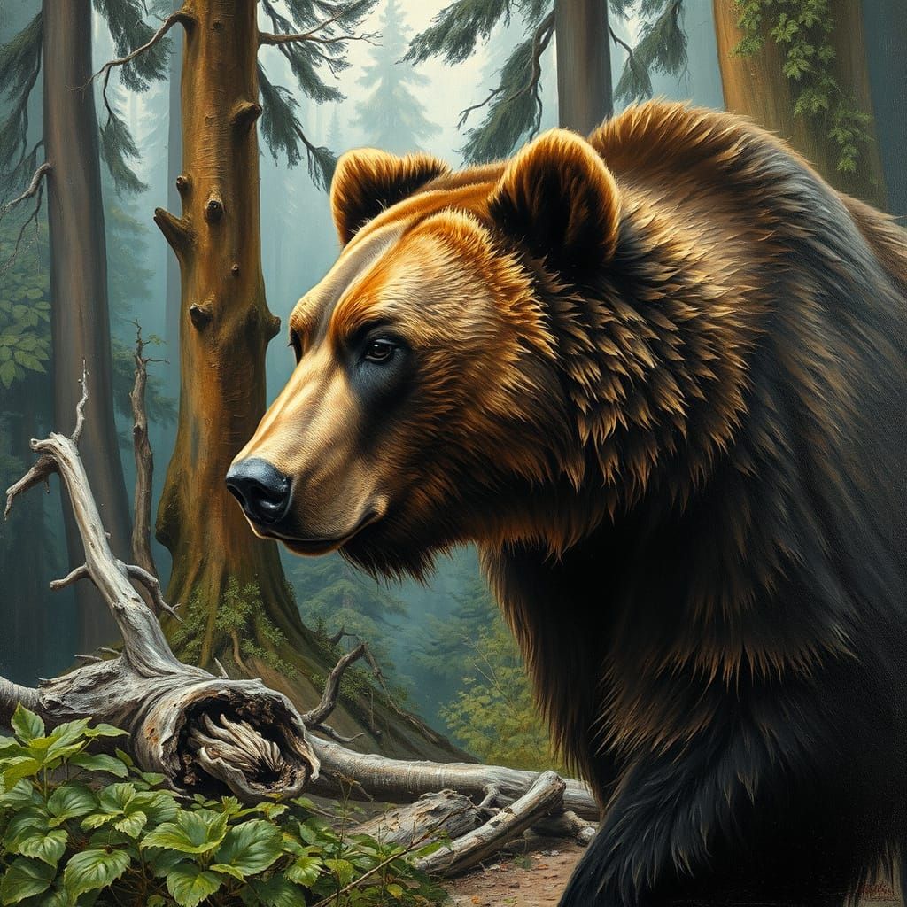 Grizzly Bear in Temperate Rainforest: Neo-Impressionist Oil ...
