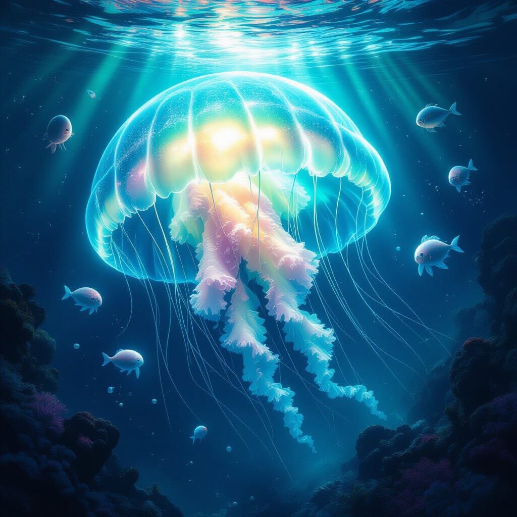 Bioluminescent Jellyfish in Deep Sea, Cosmic Surrealism