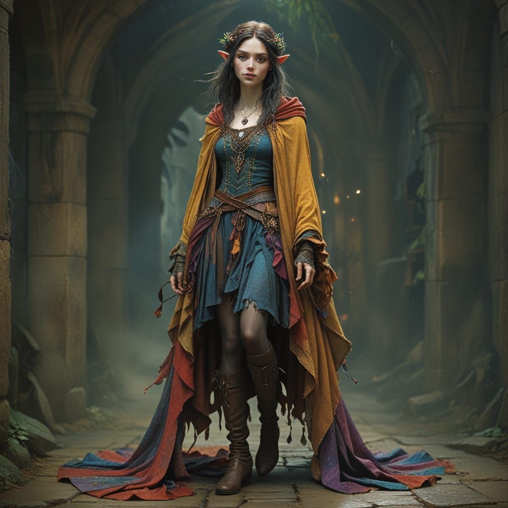 Vibrant Fantasy Illustration of a Flamboyant Half-Elf Bard