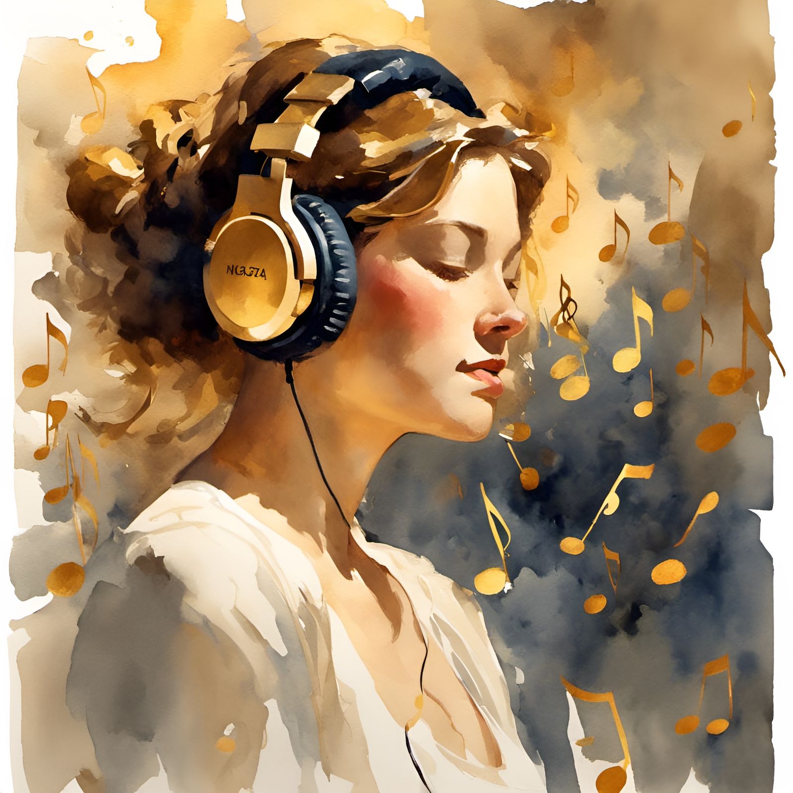 Woman with Headphones in Impressionistic Watercolor