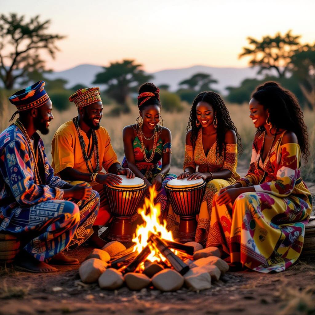 African Musicians Dancing Around Fire in Golden Light