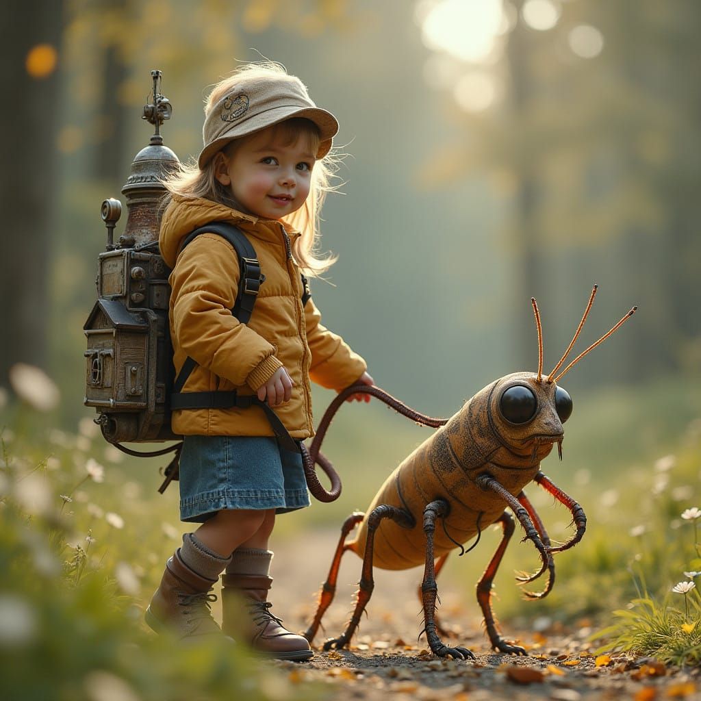 A Little Girl and Her Steampunk Giant Cricket Companion Stro...