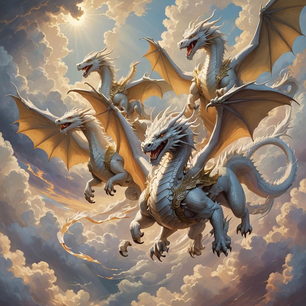 White Dragons with Riders in a Cloudy Sky