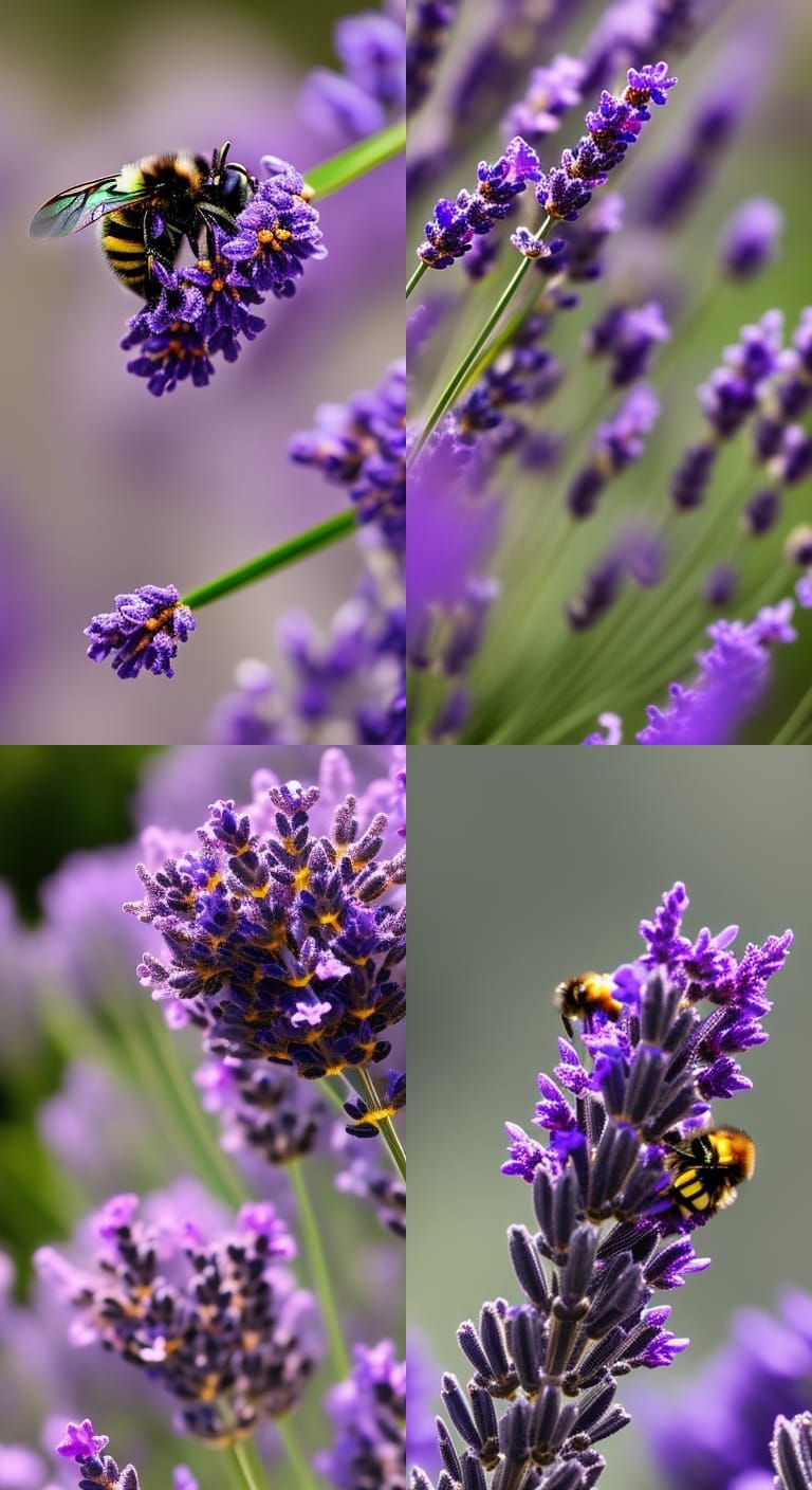 Bumble Bee on Lavender, Hyperrealistic Close-Up
