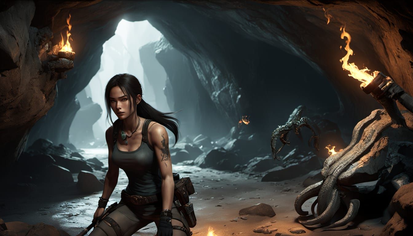 Lara Croft in Ancient Cave, Inspired by Anime and 3D Art