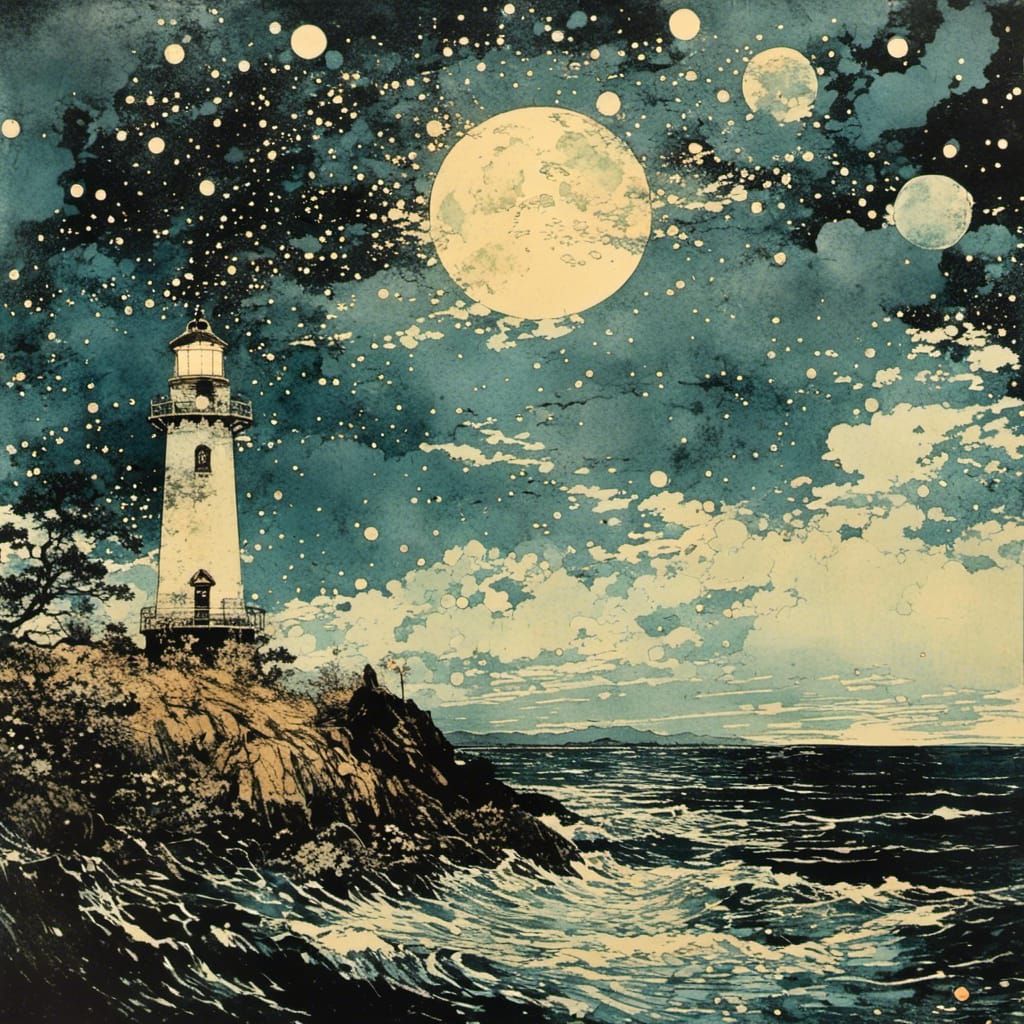 Lighthouse in Japanese Woodblock Print Style