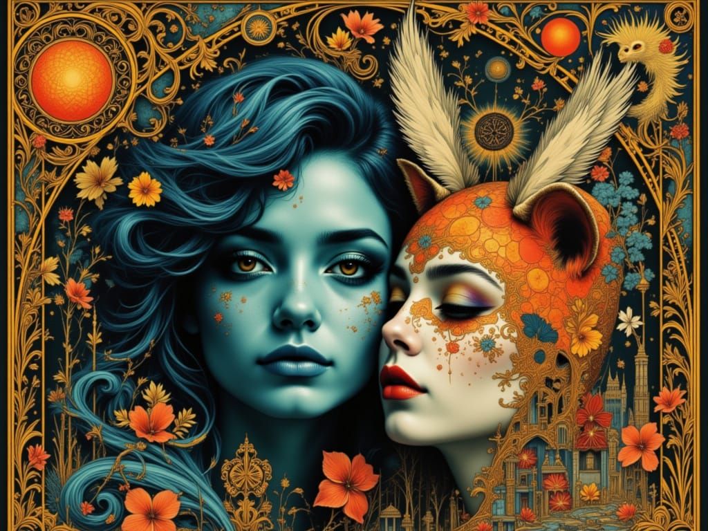 Magic City Portrait with Spirit Animal, Detailed Digital Art