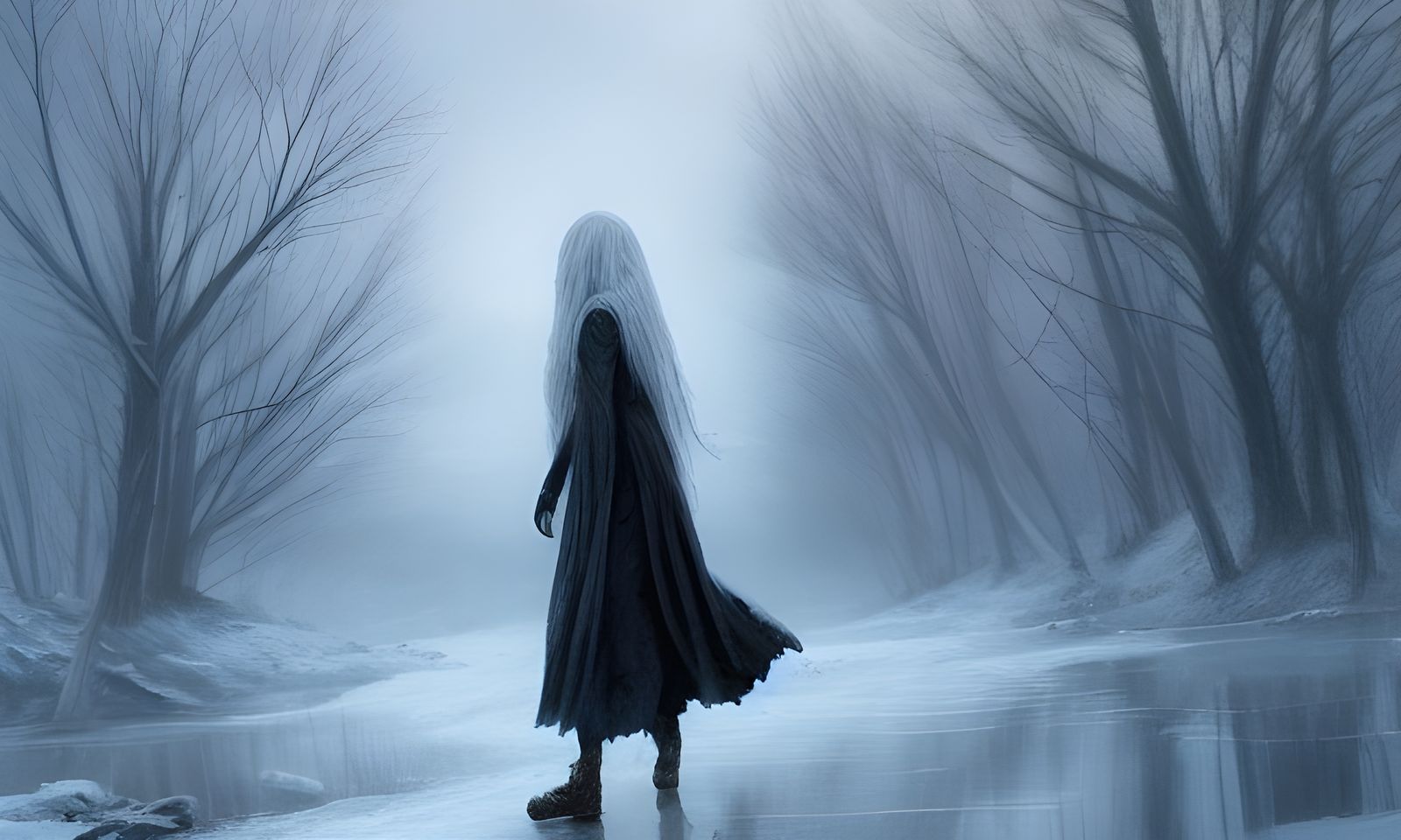 Snow Maiden in Frozen Landscape: Detailed Sinister Painting