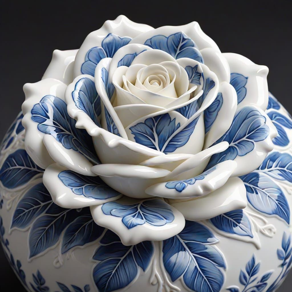 Delicate White Porcelain Rose in Intricate Blue Florals