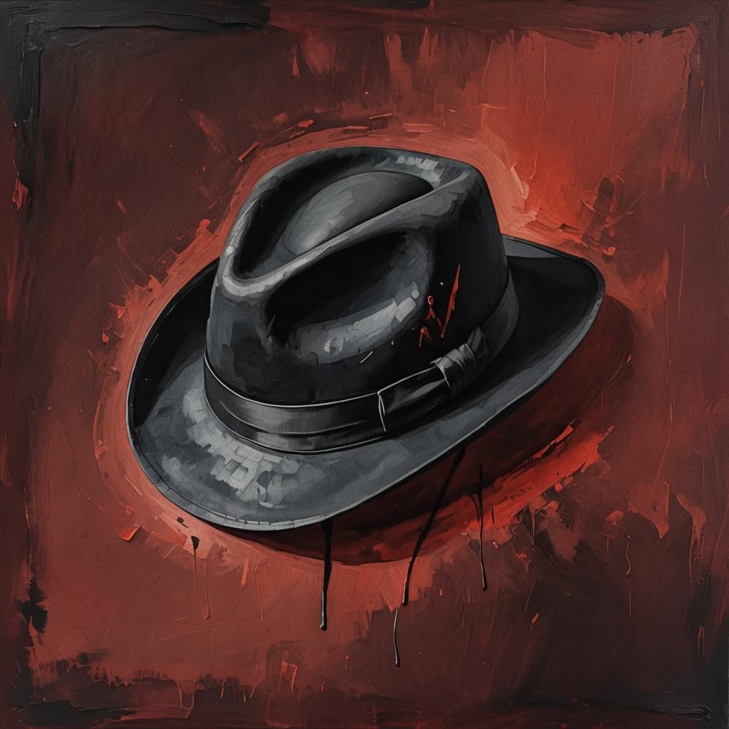 Black Fedora on Red, Minimalist Painting
