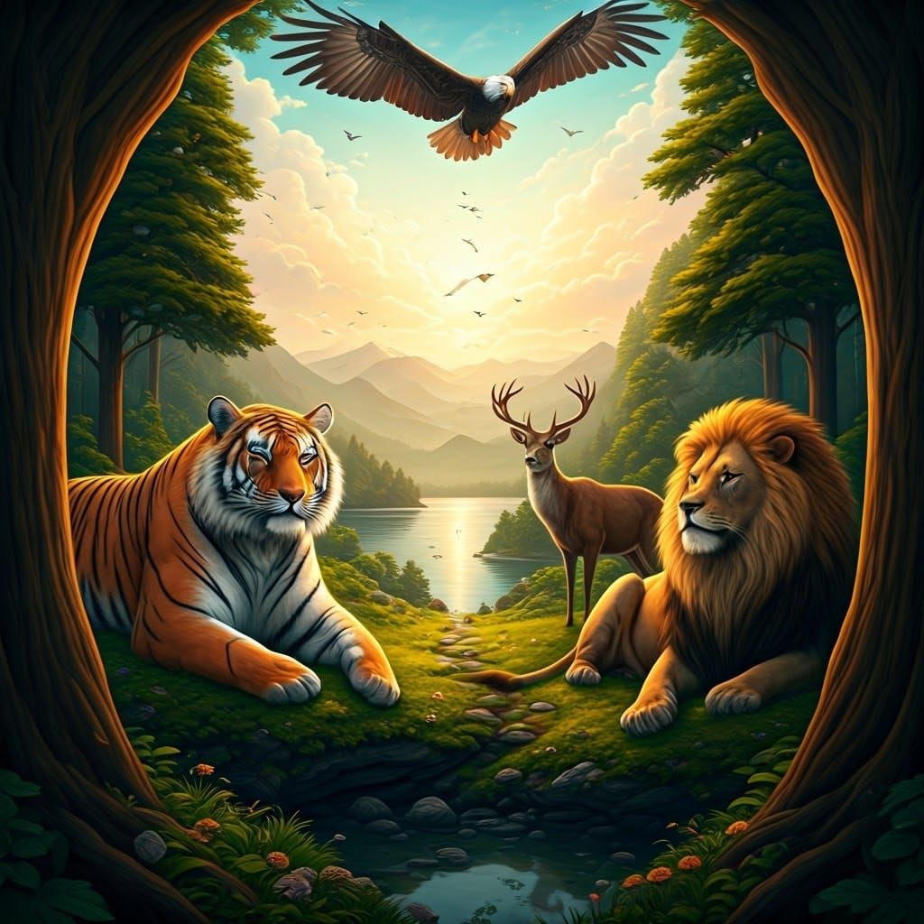 Harmonious Animals in Ethereal Landscape