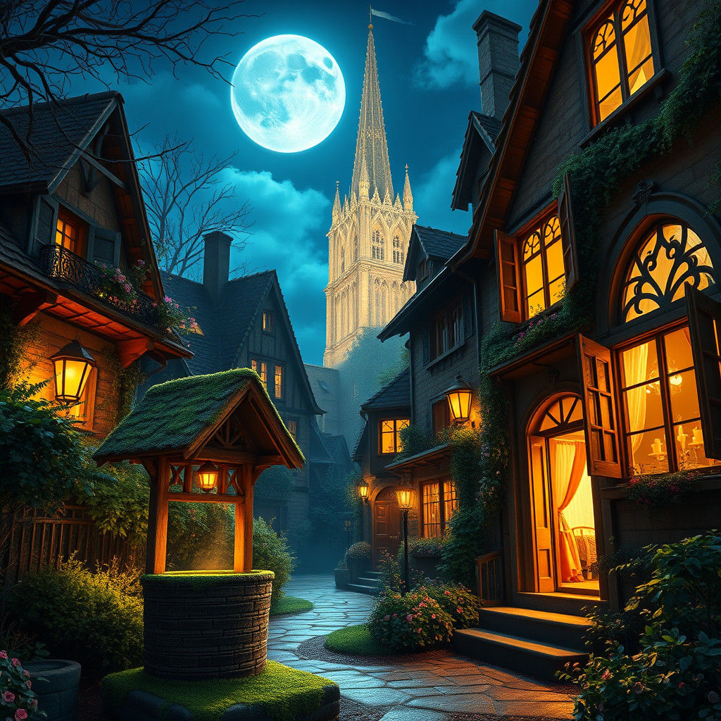 Romantic Moonlit Hotel with Wishing Well