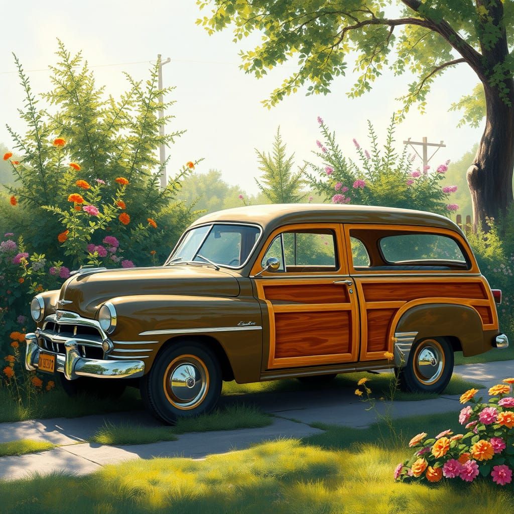 Vintage Wood Sided Station Wagon in Nostalgic Summer Setting