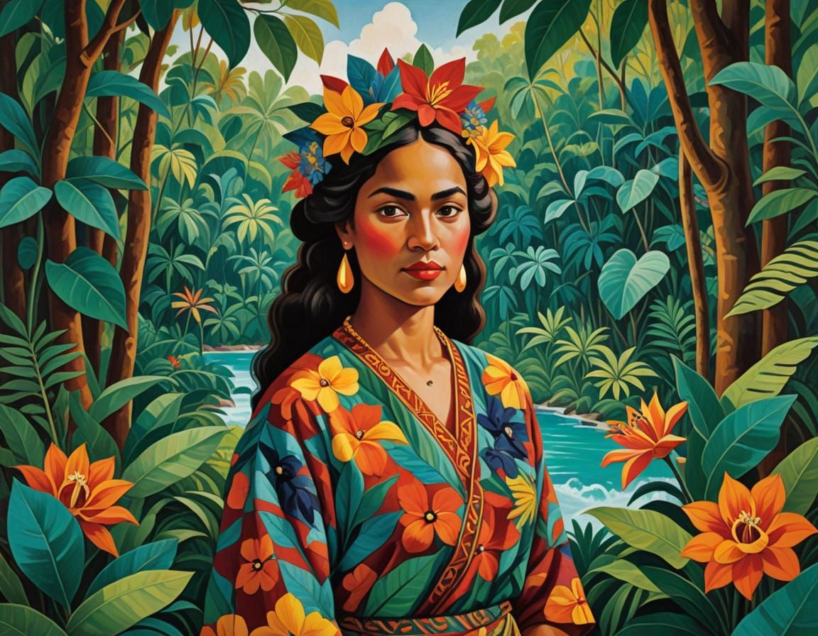 Tahitian Woman in Vibrant Jungle Scene
