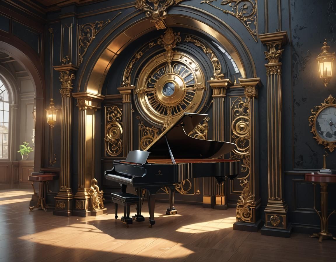 Surreal Keyhole Piano in Detailed 3D Anime Art