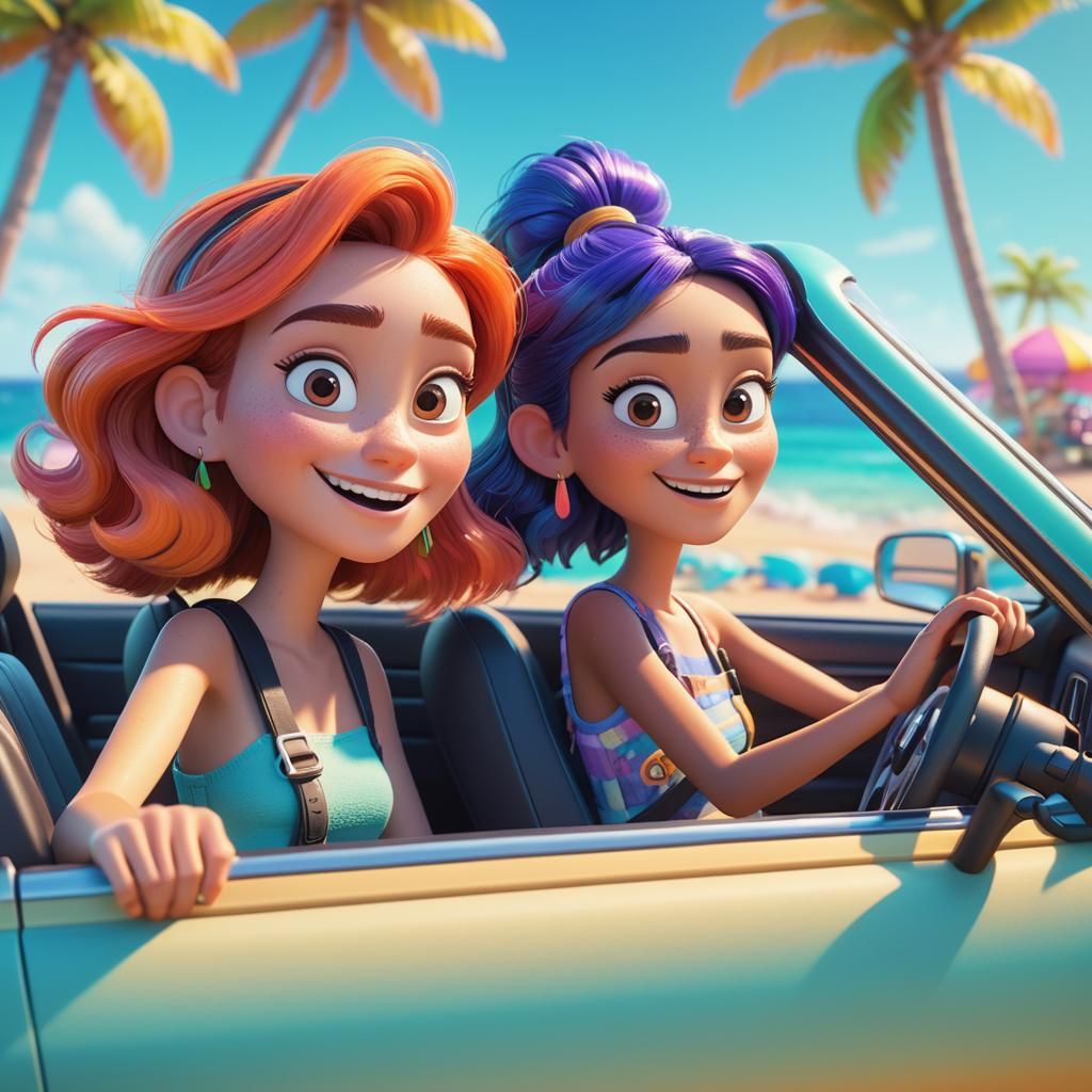 Girls' Beach Roadtrip: Pixar-Style 3D Digital Art
