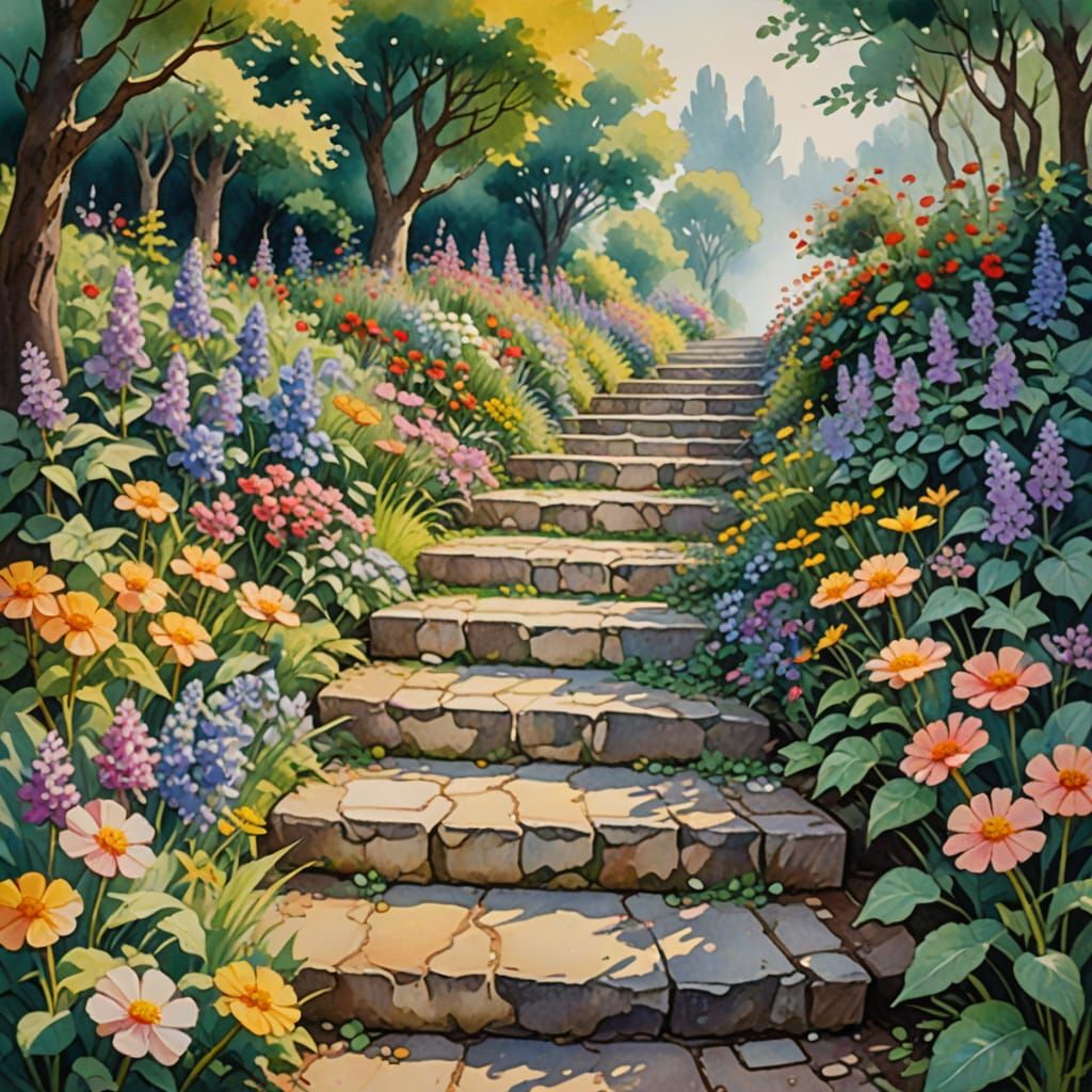 Three stone steps leading up to a hazy path surrounded in flowers