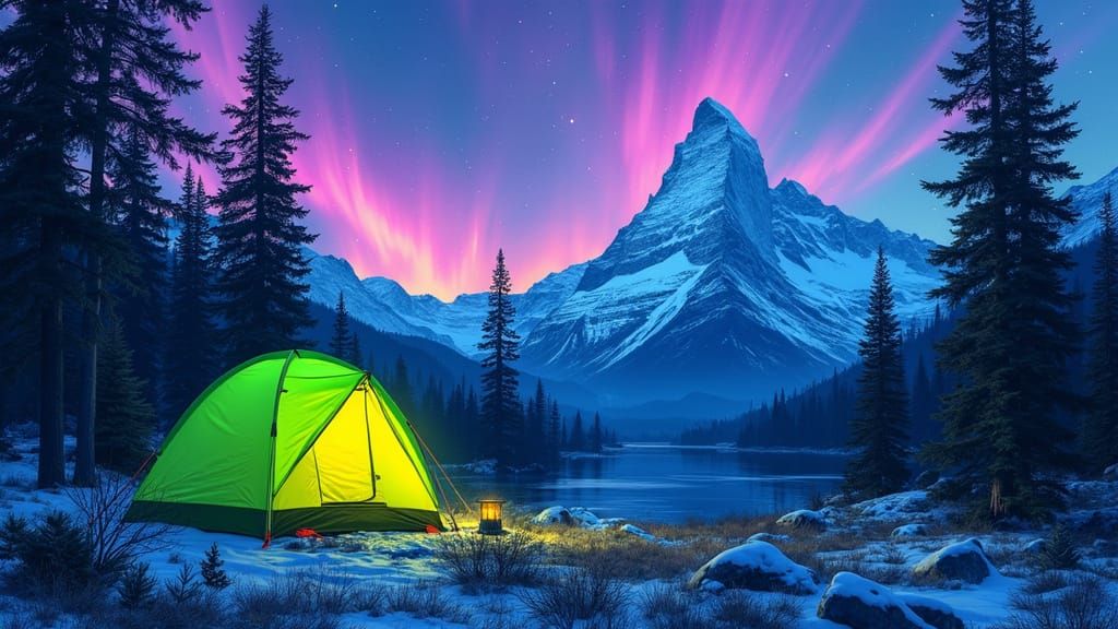 Neon Tent Camping Under Northern Lights