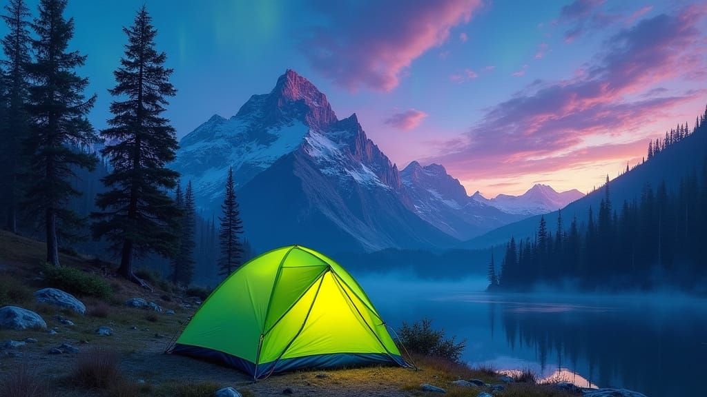 Neon Tent Camping Under Northern Lights as Realistic Paintin...