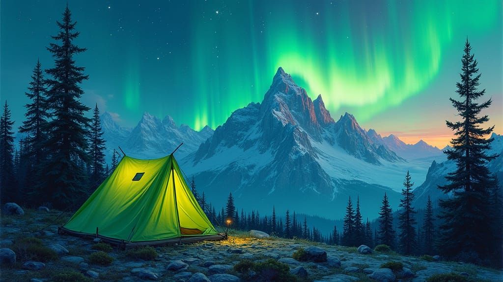 Green Tent Under Northern Lights, Landscape Art