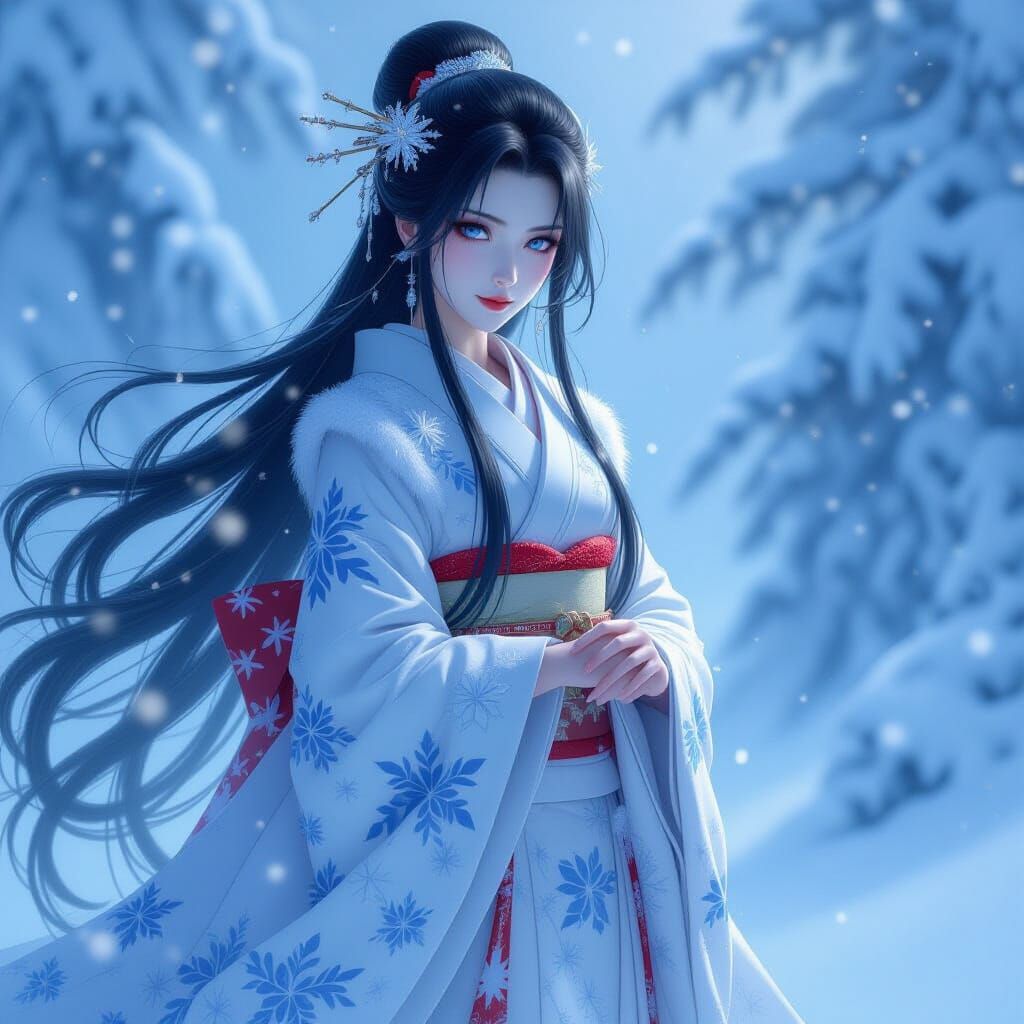 Ethereal Yuki-onna in Blizzard, Japanese Art Style