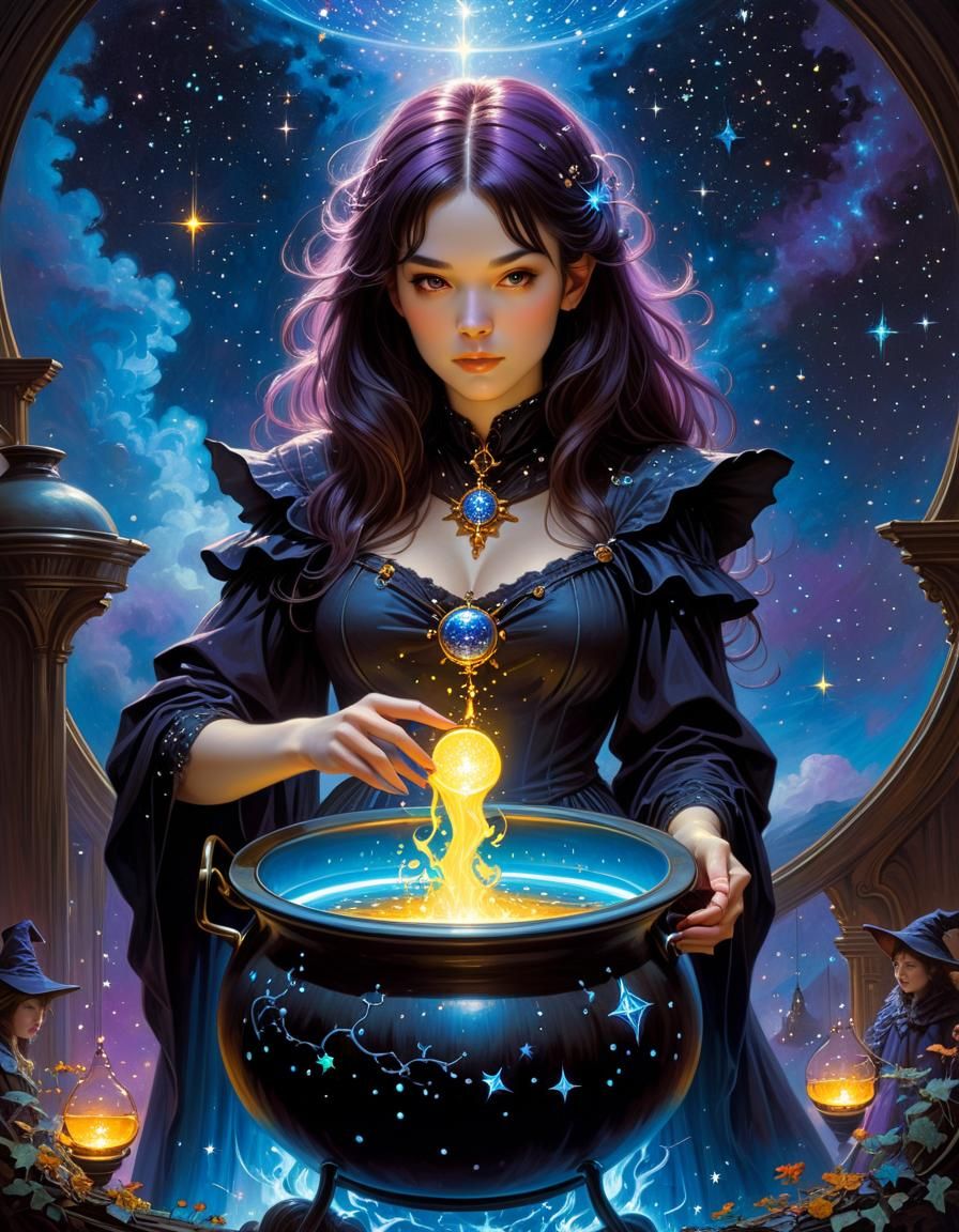 Gothic Witch Portrait with Cauldron in Surreal Style