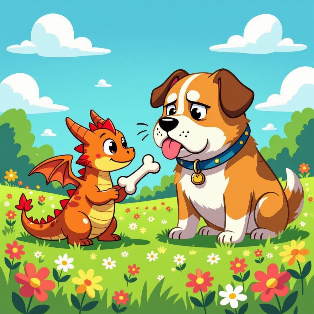 Dragon vs Dog Bone Heist in Cartoon Style