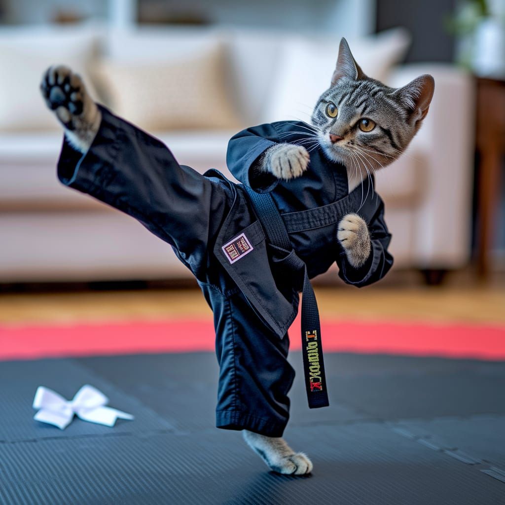A heartwarming and adorable image of a feline martial artist in a tiny black taekwondo uniform, performing a flawless hi...