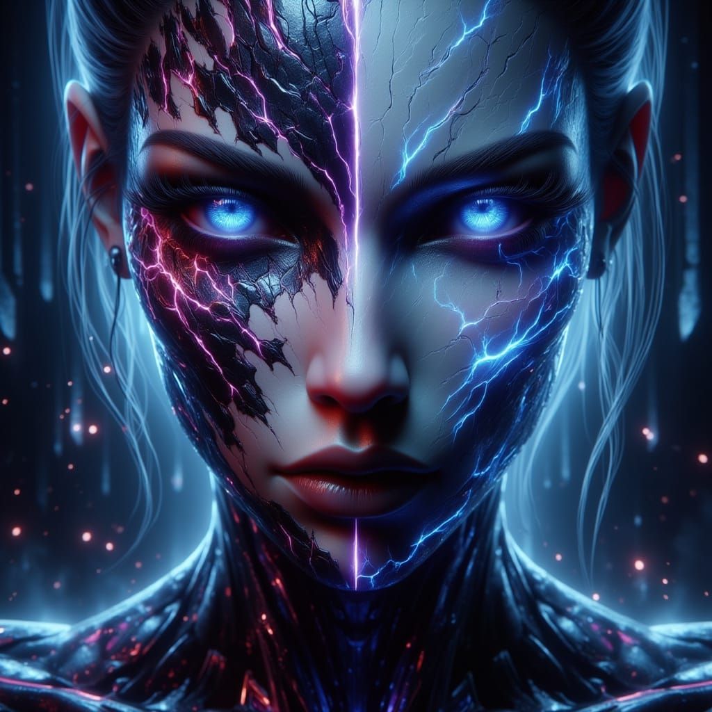 Futuristic Villain With Duality, Cybernetic and Angelic