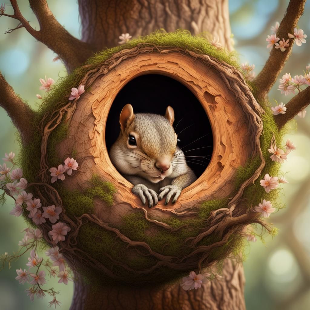 Squirrel Sleeping in Moss Nest, Hyperrealistic Art