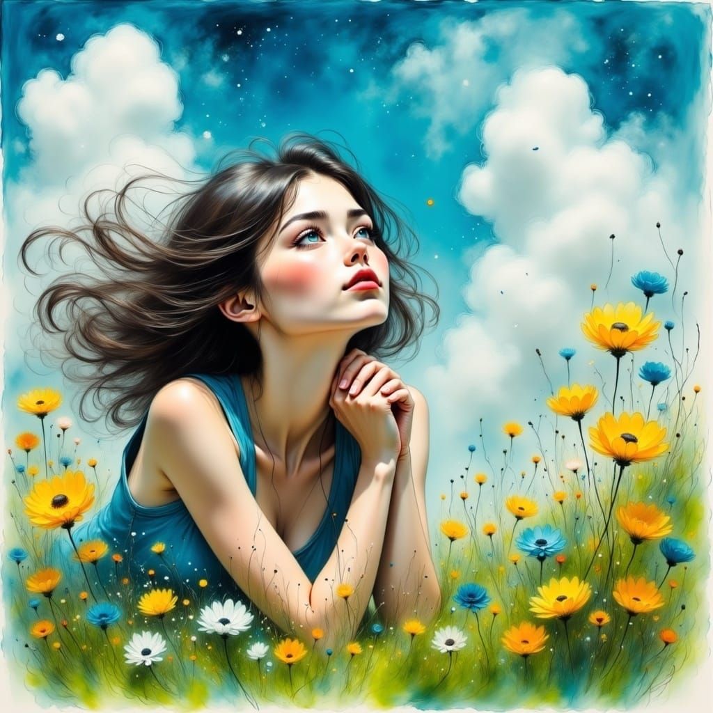 Woman in Meadow: A Surrealist Dreamscape