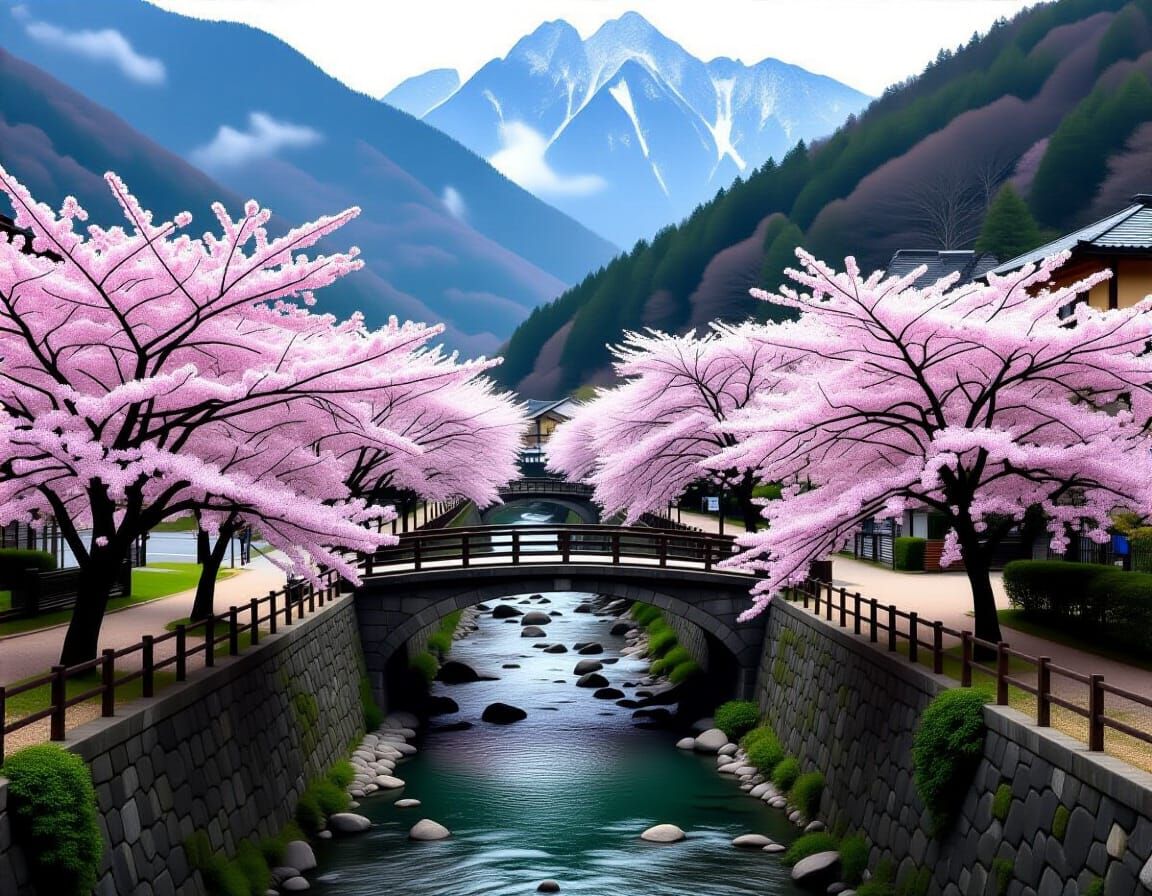 Misty Mountain Valley with Sakura Trees and Ancient Path