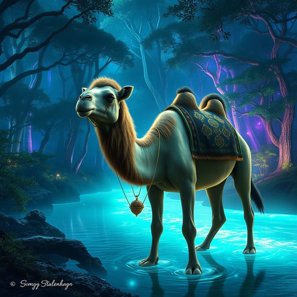 Enchanted Camel in Bioluminescent African Forest