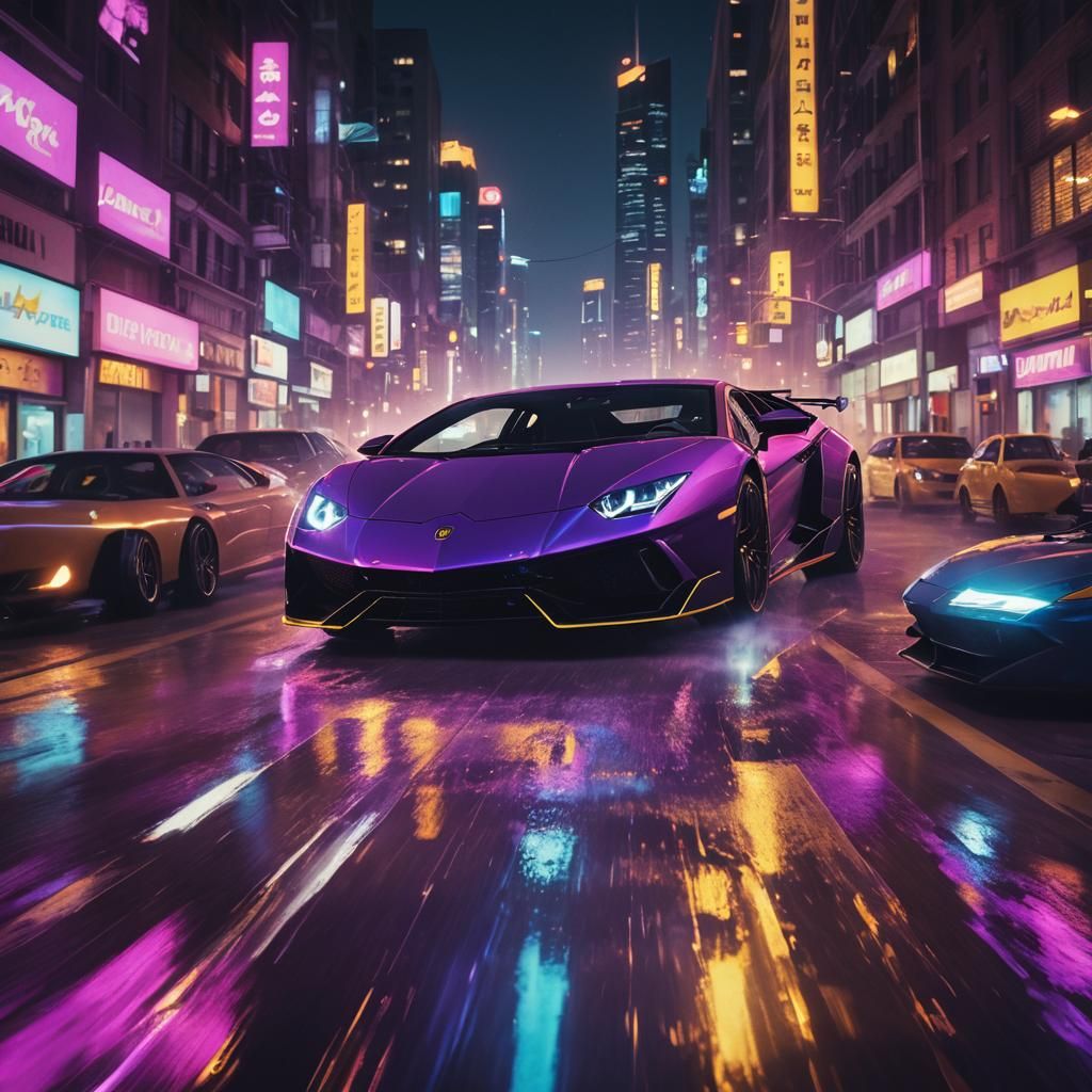 Lamborghini Soaring Over Neon Cityscape