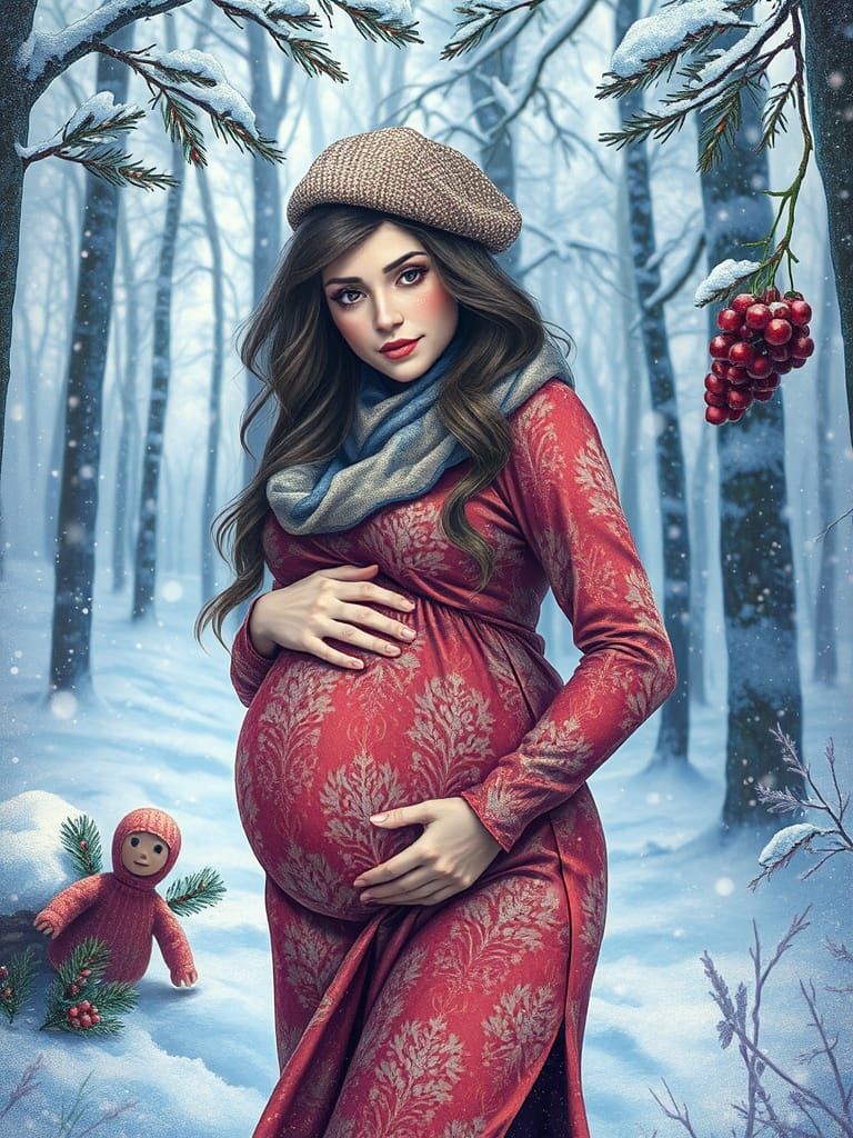 Pregnant Lady in Snowy Forest: Anime Van Gogh Style