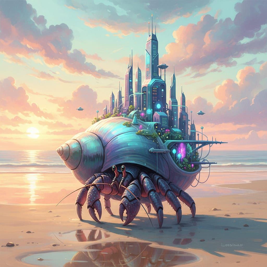 Iridescent Hermit Crab Cityscape, Digital Art