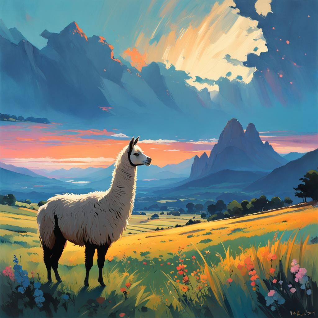 Mythical Llama in Peruvian Lowlands: Gouache-Style Art